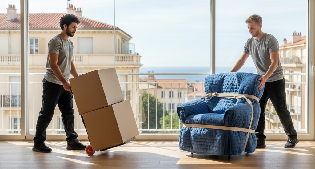 Demenageurs professionnels transportant des cartons dans un appartement a Nice