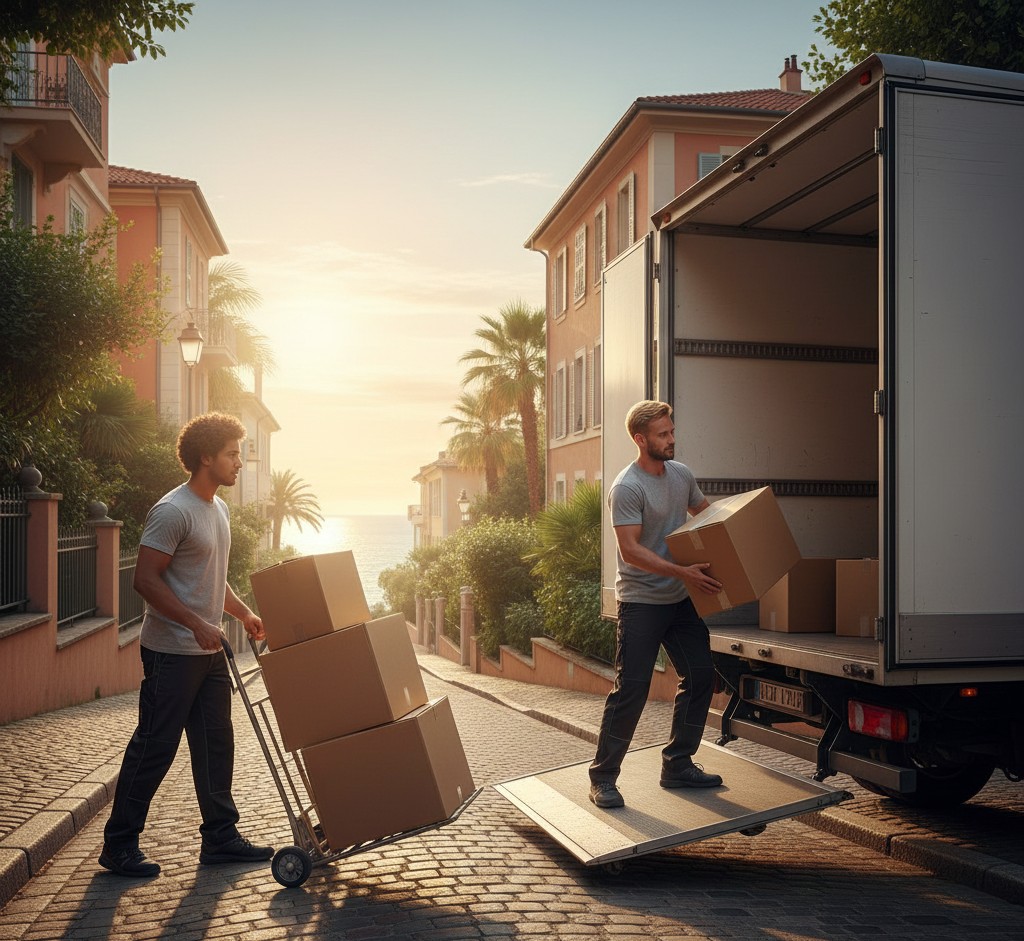 Equipe de demenageurs chargeant rapidement un camion pour un demenagement urgent a Nice